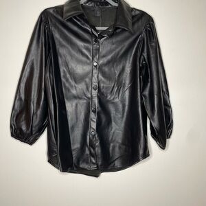 Black Faux Leather Button-Up Top
